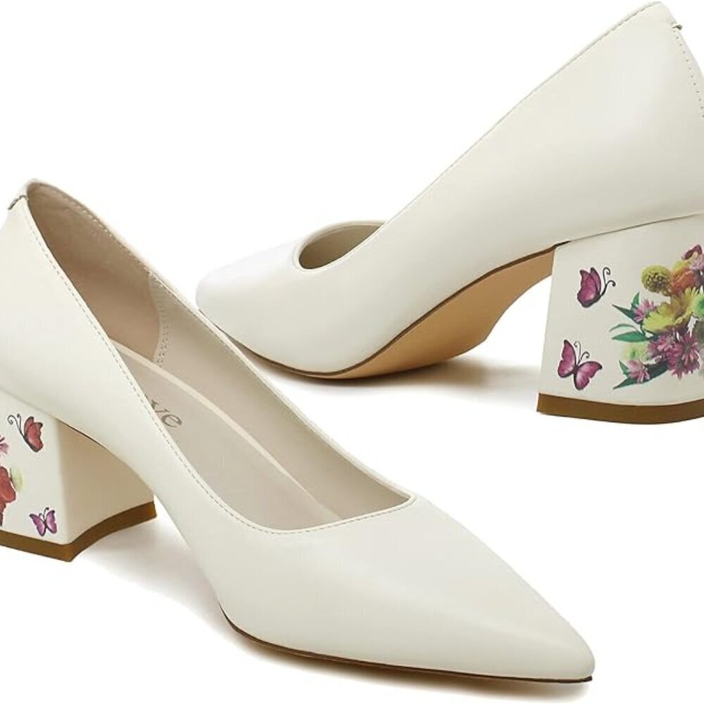 Reitoye Women's Chunky Heel Pumps Closed Toe Dress Pump Heels White